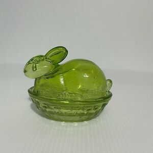 Small Green Textured Glass Bunny on a Basket Candy Dish with Lid 2 Piece Set